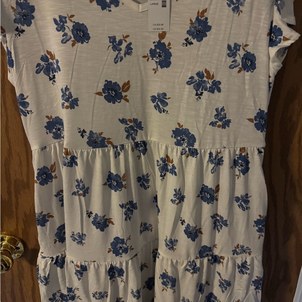 Cream Midi Dress with Blue Floral Print and V-Neck, Large- NWT! - Picture 4 of 10